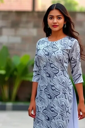 White and Black Crinkle Kurti with Digital Print (Size: M, L, XL, XXL) (w)