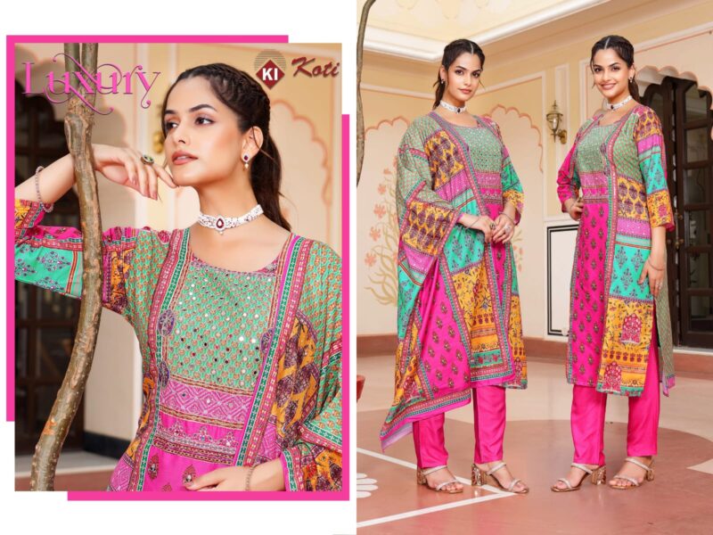Vibrant Multicolor Printed Silk Suit Set with Embroidery