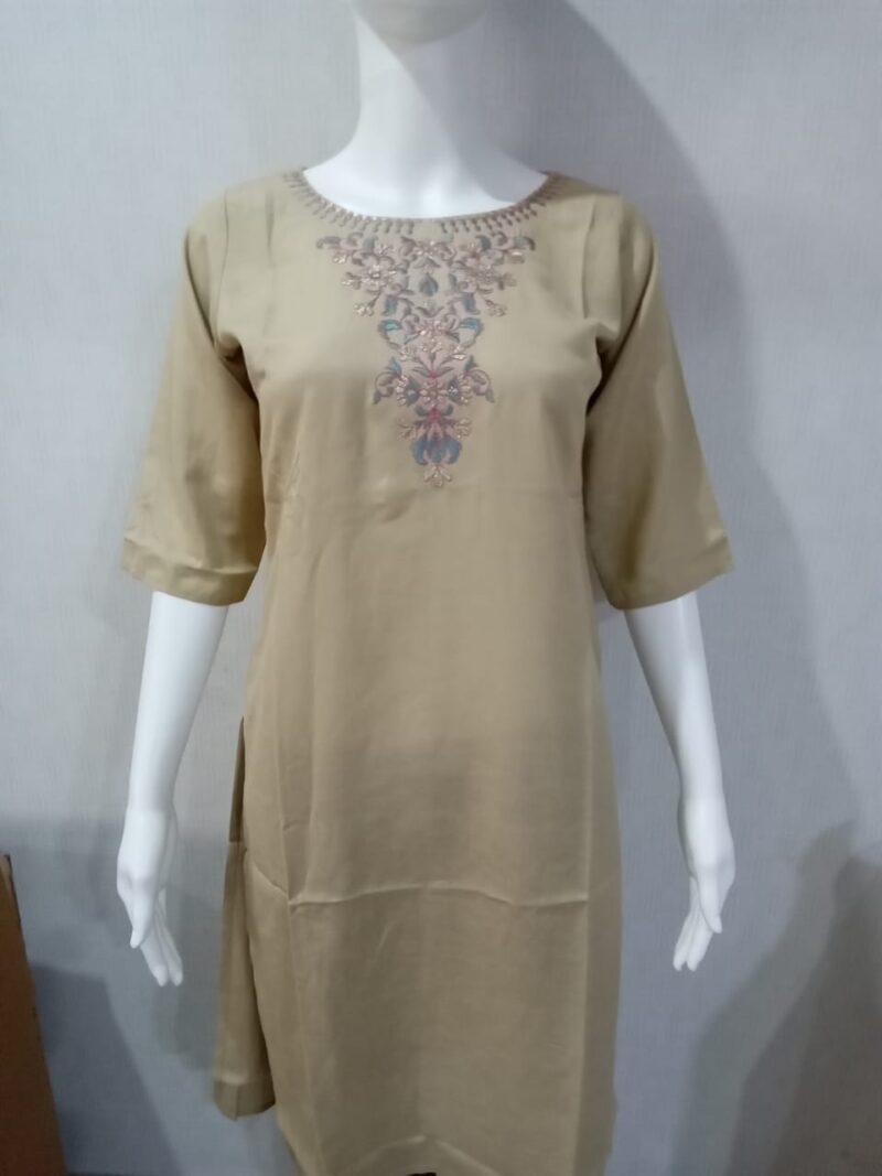 Beige Reyon Kurti with Floral Embroidery