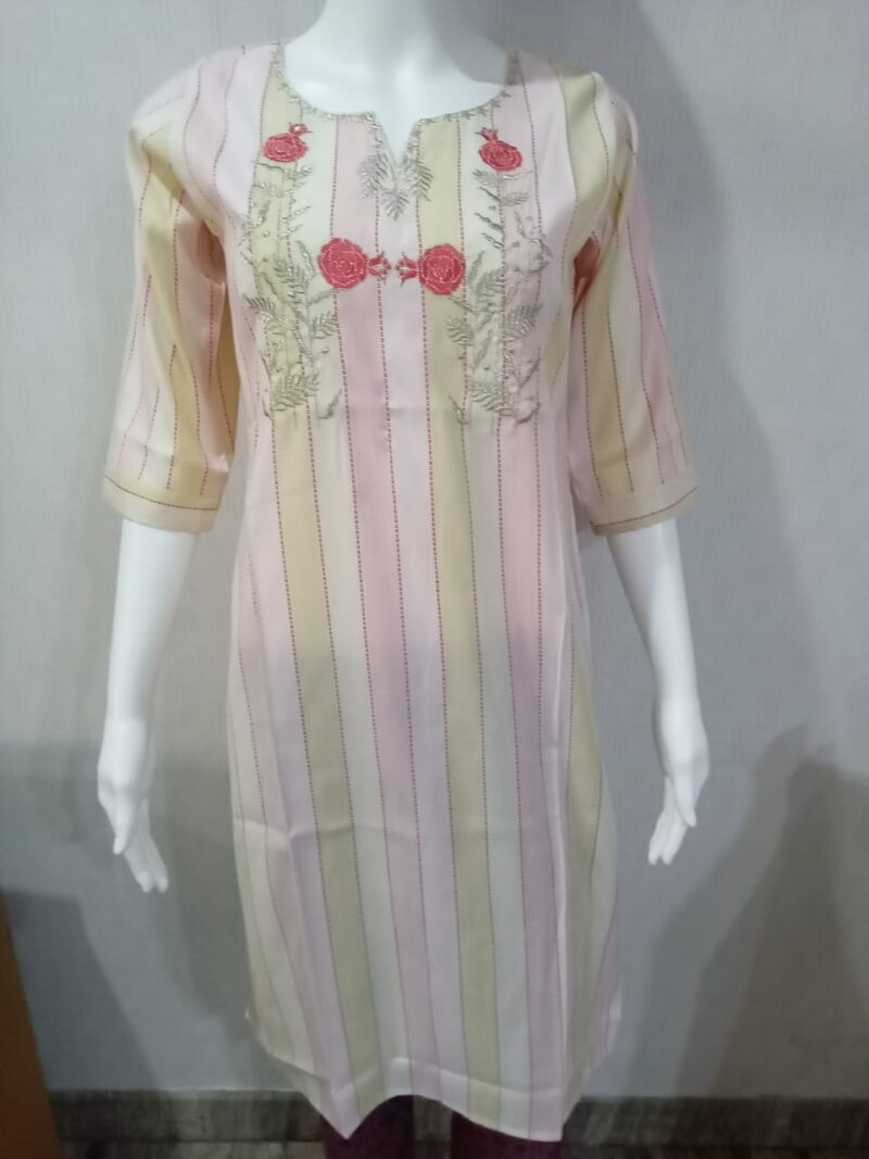 Multicolor Striped Cotton Kurti with Embroidery