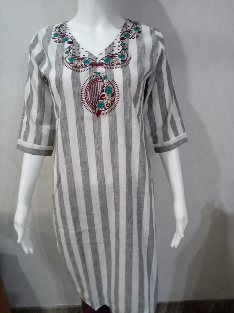 Grey Cotton Linen Kurti with Neckline Embroidery - Image 2