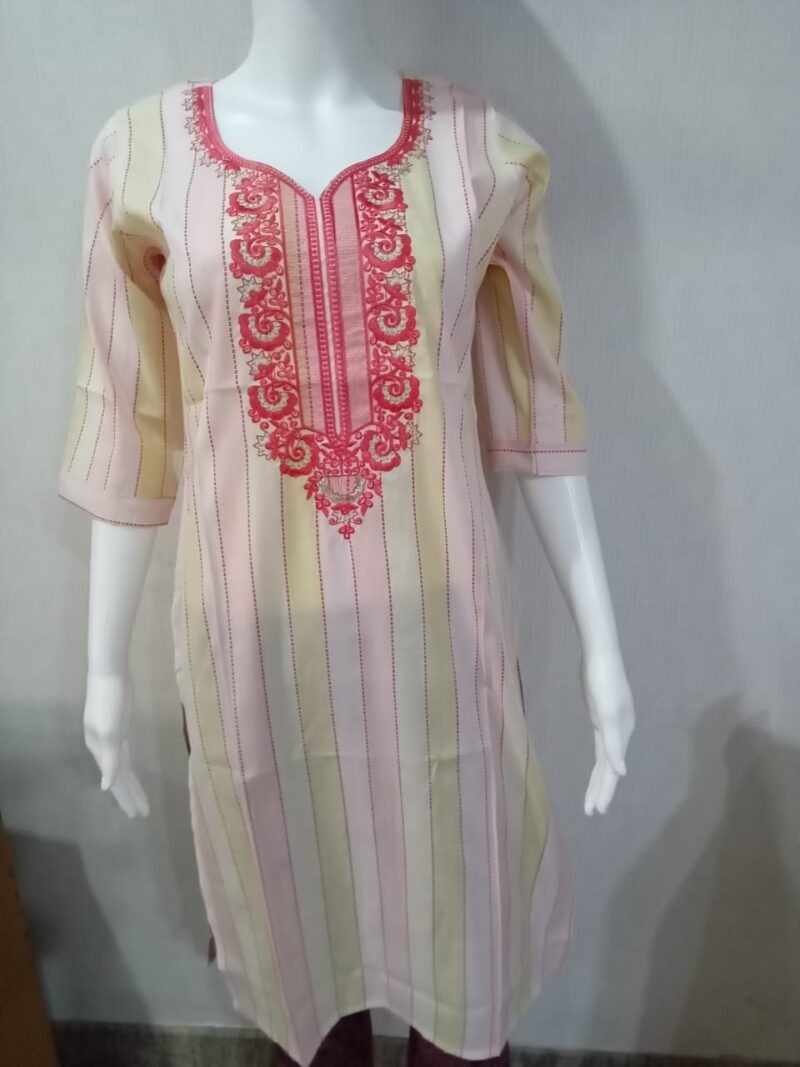 Pink and Yellow Striped Cotton Kurti with Neck Embroidery - Image 2