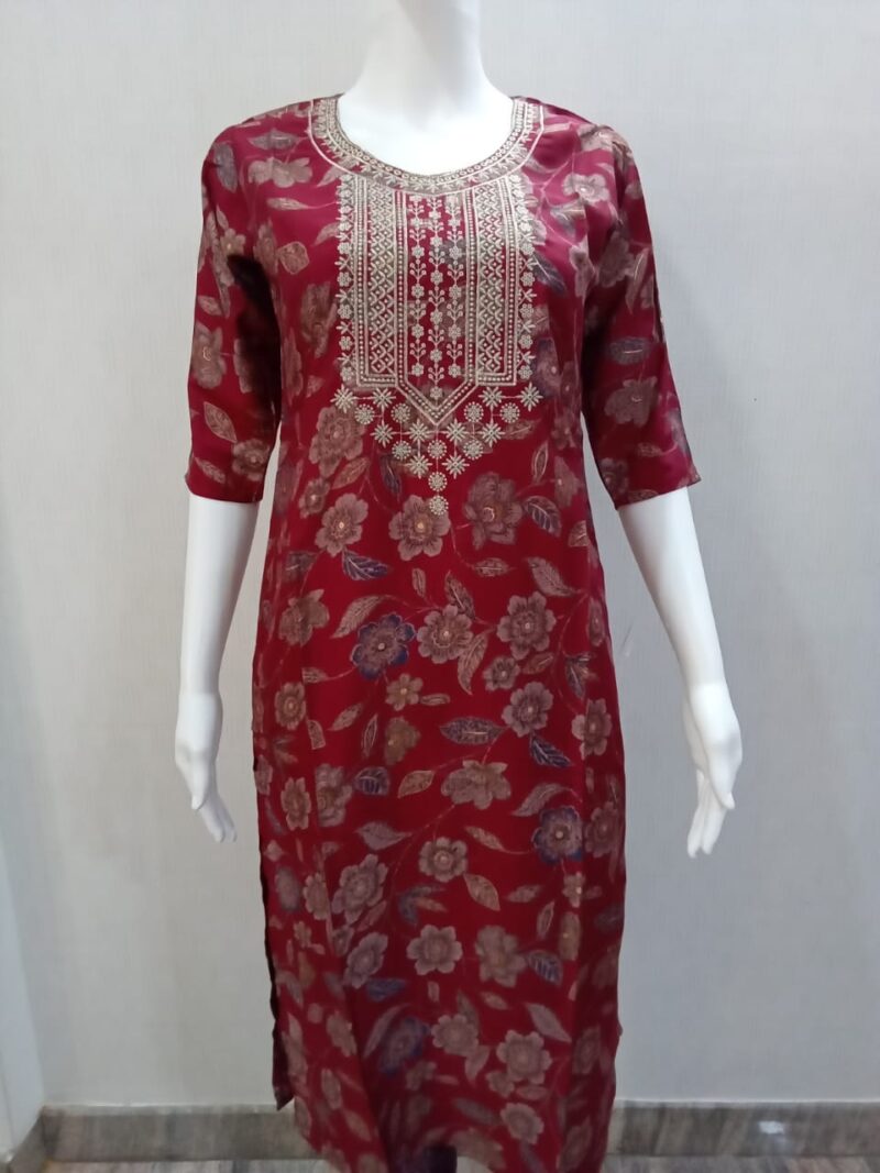 Maroon Maslin Kurti with Heavy Neck Embroidery