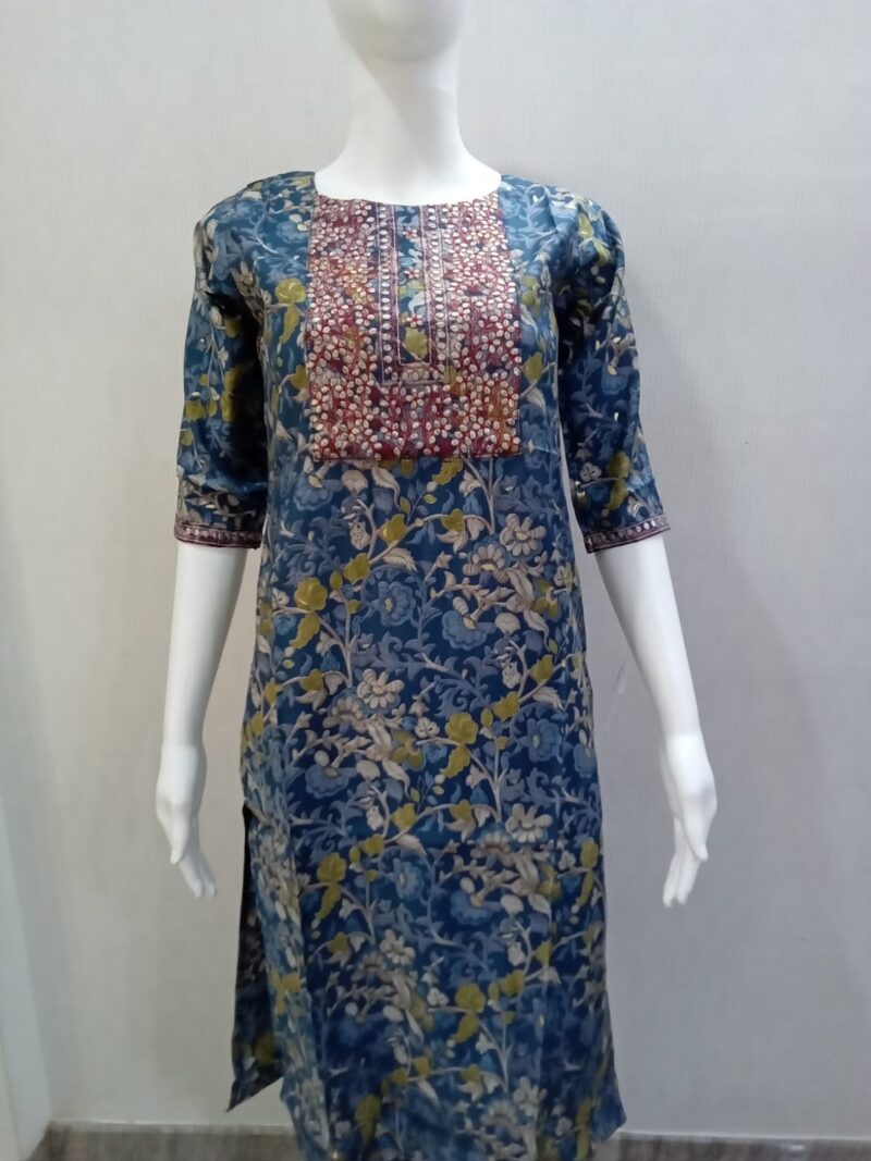 Blue Maslin Kurti with Kalamkari Print and Embroidery (Size: M, L, XL, XXL) (w)