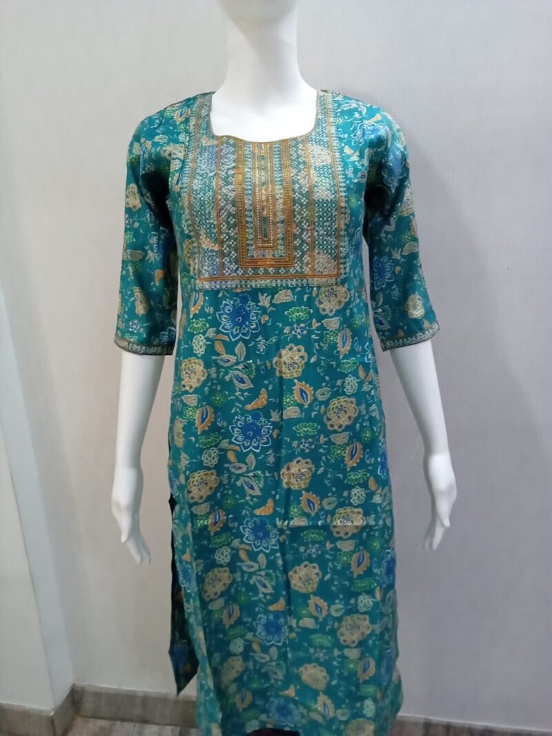 Teal Maslin Kurti with Kalamkari Print and Embroidery (Size: M, L, XL, XXL) (w)
