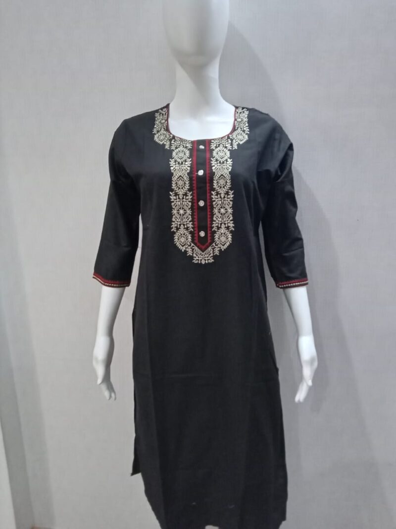 Black Cotton Kurti with Neck Embroidery - Image 2