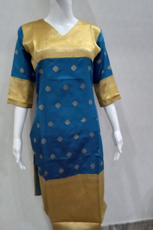 Blue Banarasi Silk Kurti with Golden Border