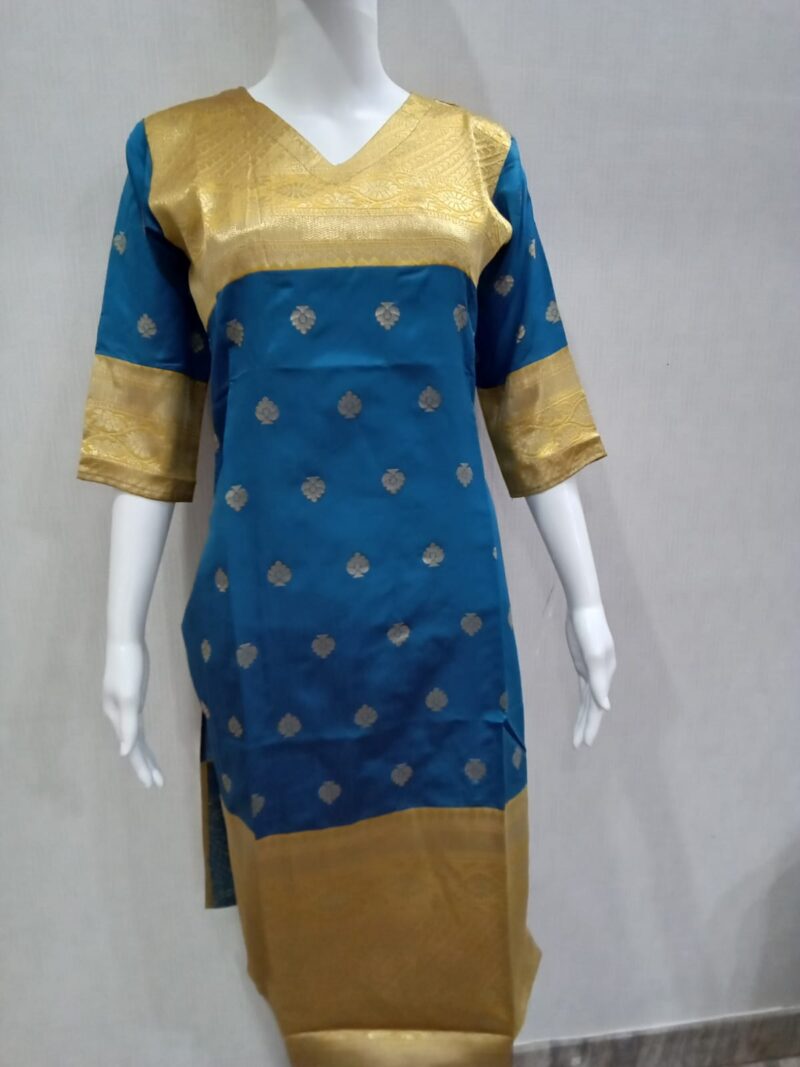 Blue Banarasi Silk Kurti with Golden Border