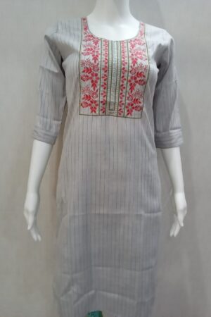 Grey Striped Cotton Kurti with Neck Embroidery
