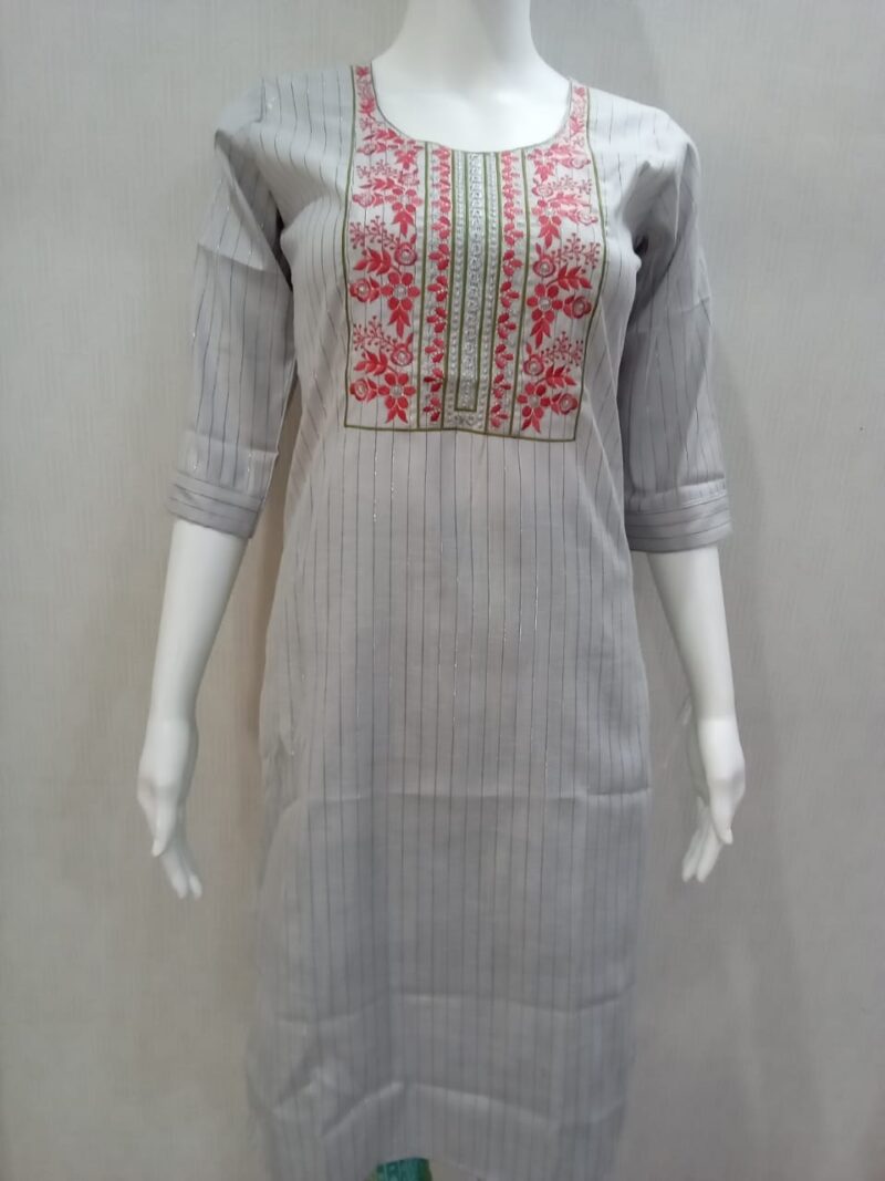 Grey Striped Cotton Kurti with Neck Embroidery