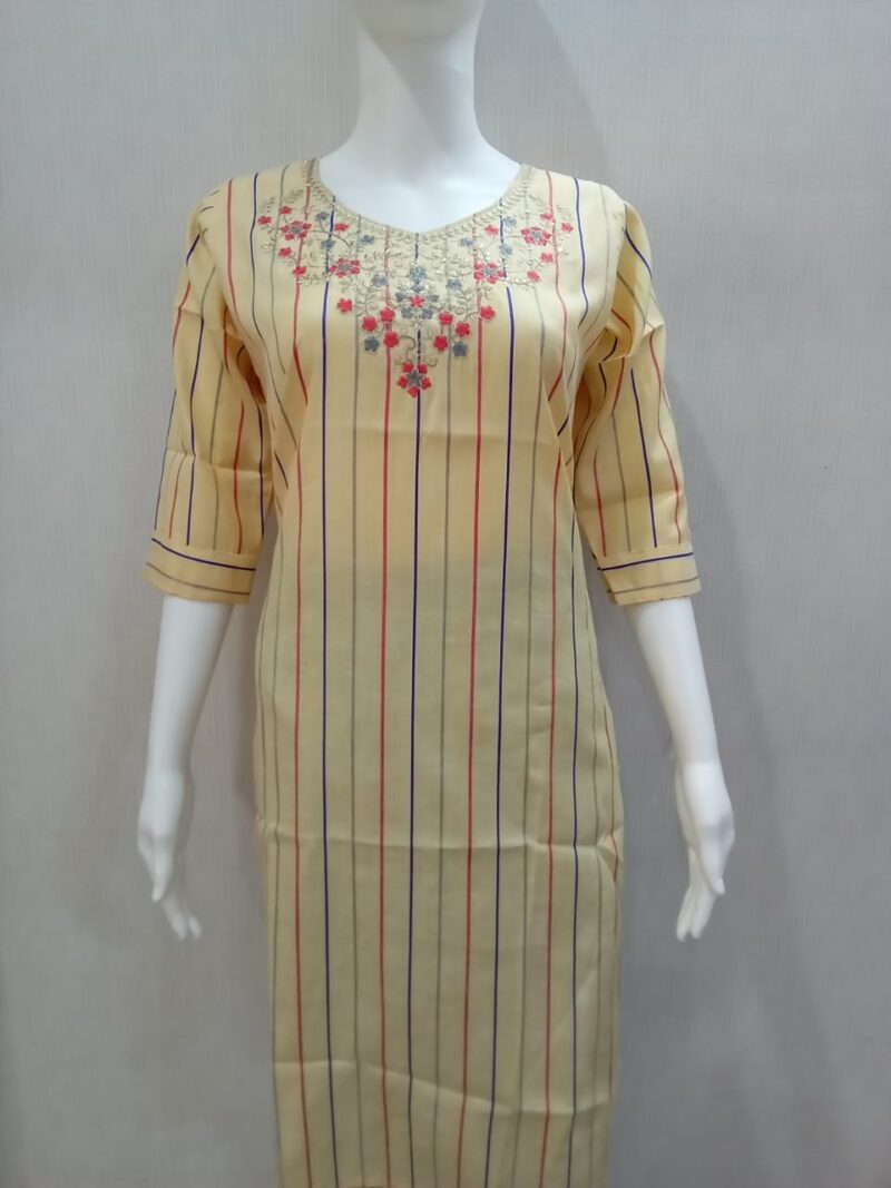 Yellow Striped Cotton Kurti with Neck Embroidery