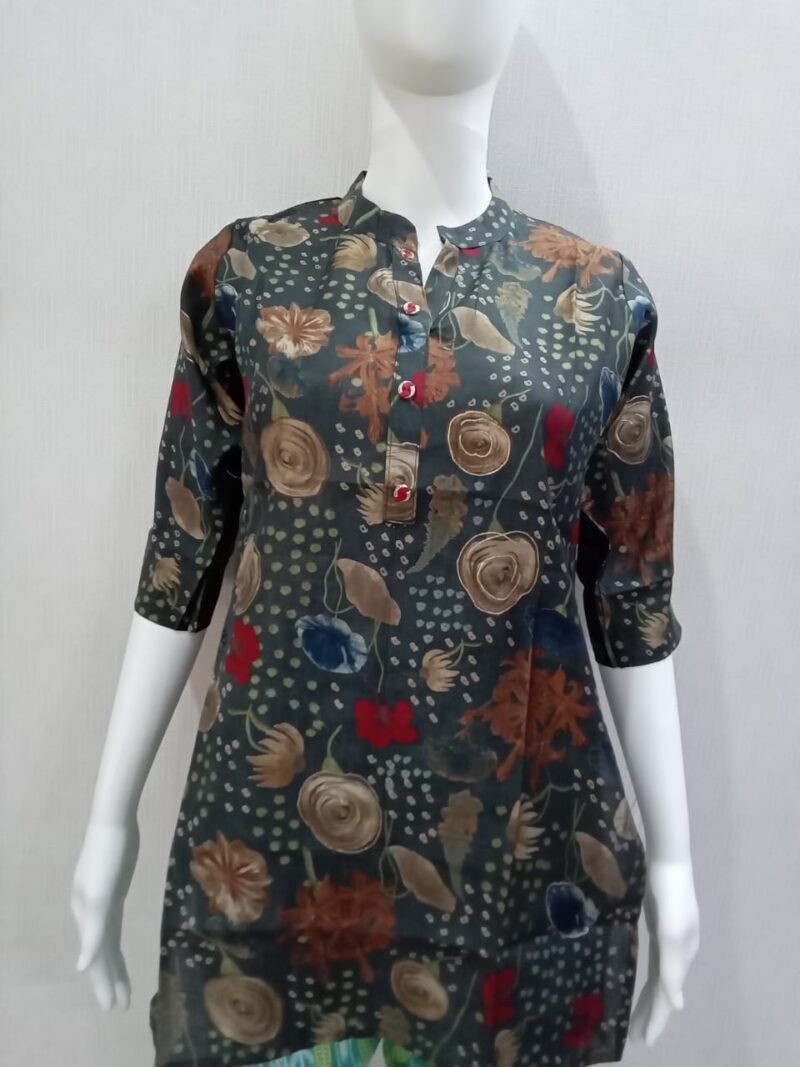 Grey Floral Print Maslin Short Kurti (Size: S, M, L, XL, XXL) (w)