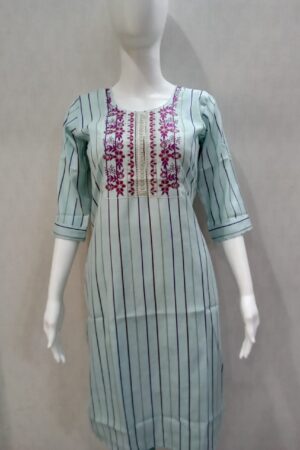 Light Blue Cotton Kurti with Neck Embroidery and Striped Pattern