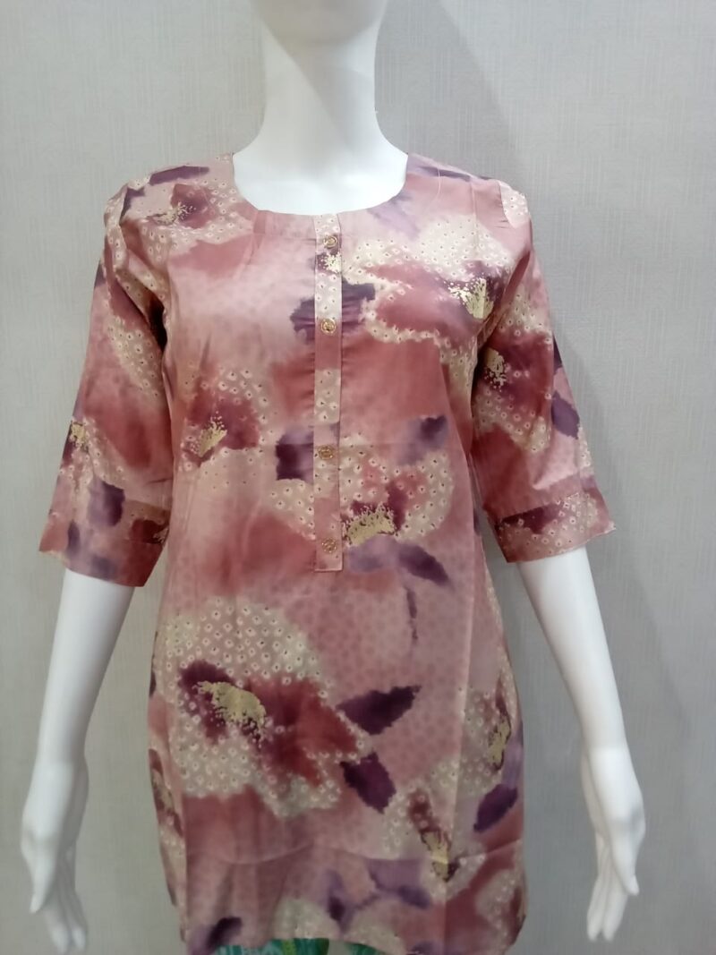 Pink Floral Print Maslin Short Kurti (Size: S, M, L, XL, XXL) (w)