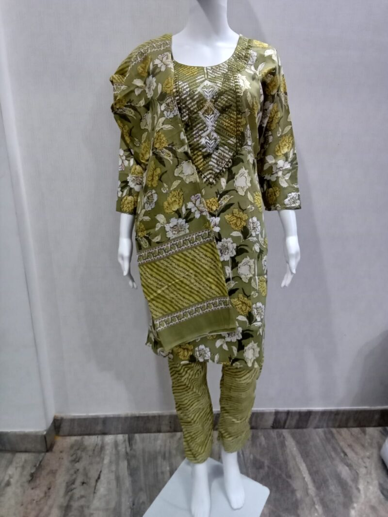 Green Cotton Suit Set with Neck Embroidery and Printed Dupatta