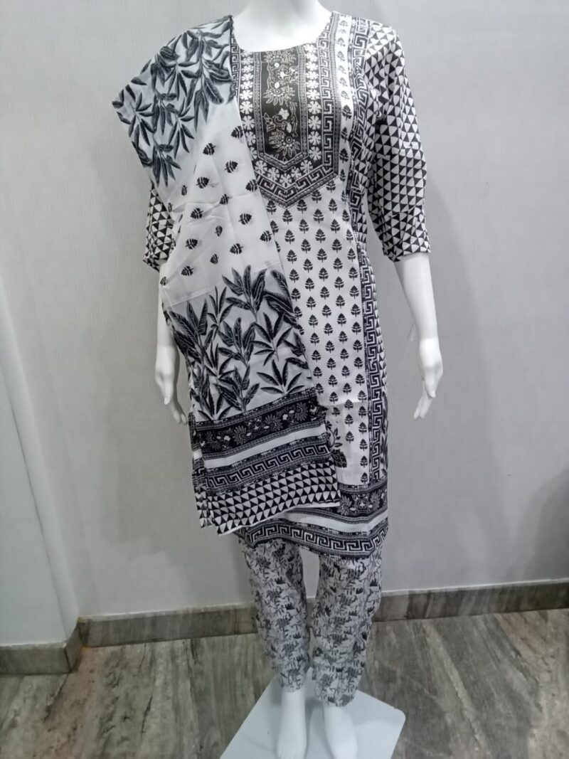 Black and White Cotton Suit Set with Neck Embroidery and Printed Dupatta
