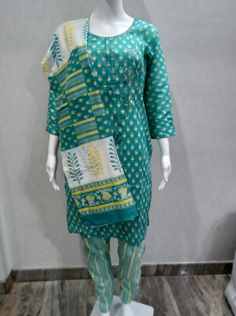 Teal Cotton Suit Set with Neck Embroidery and Printed Dupatta