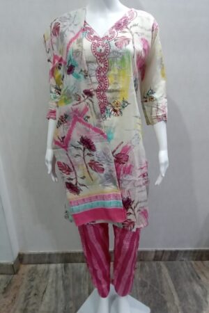 White Cotton Suit Set with Neck Embroidery and Printed Dupatta