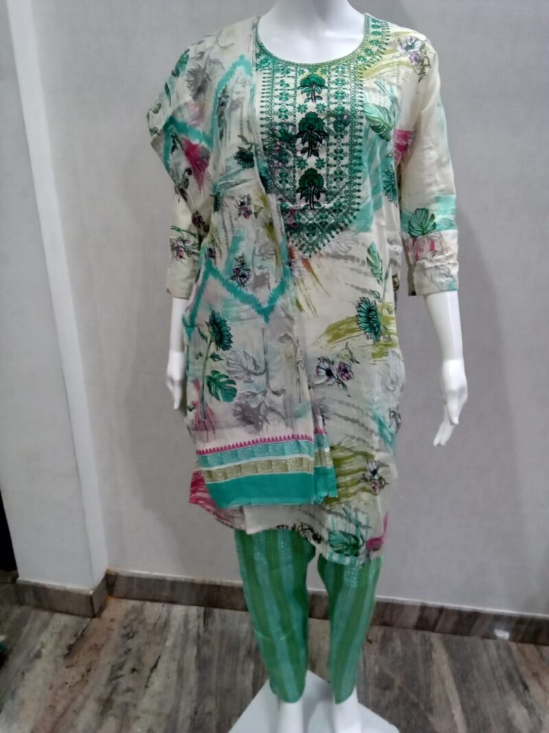White Cotton Suit Set with Neck Embroidery and Printed Dupatta