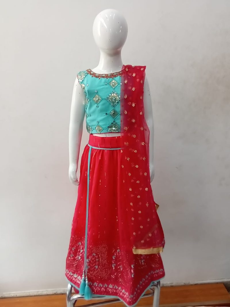 Blue and Red Kids Lehenga Choli Set (Sizes 24 to 38)