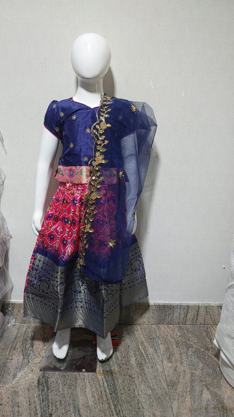 Vibrant Pink and Blue Pochumpalli Lehenga Choli Set