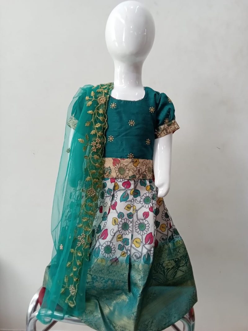 Green and White Pochumpalli Lehenga Choli Set (Sizes 12 to 22)