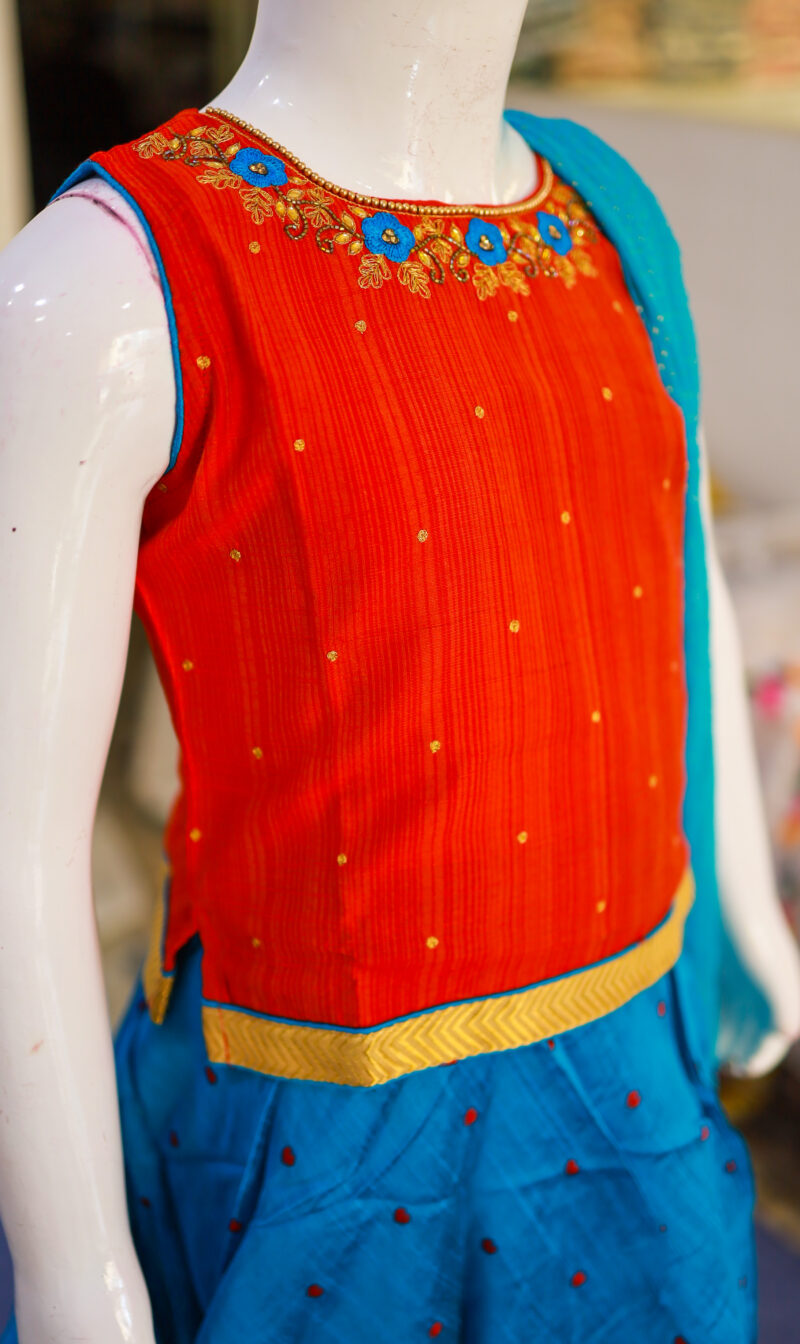 Red and Blue Kids Lehenga Choli Set - Image 4