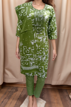 Green Cotton Suit Set with Neck Embroidery and Printed Dupatta