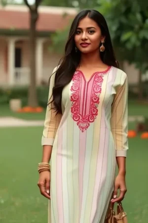 Pink and Yellow Striped Cotton Kurti with Neck Embroidery