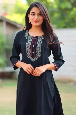 Black Cotton Kurti with Neck Embroidery