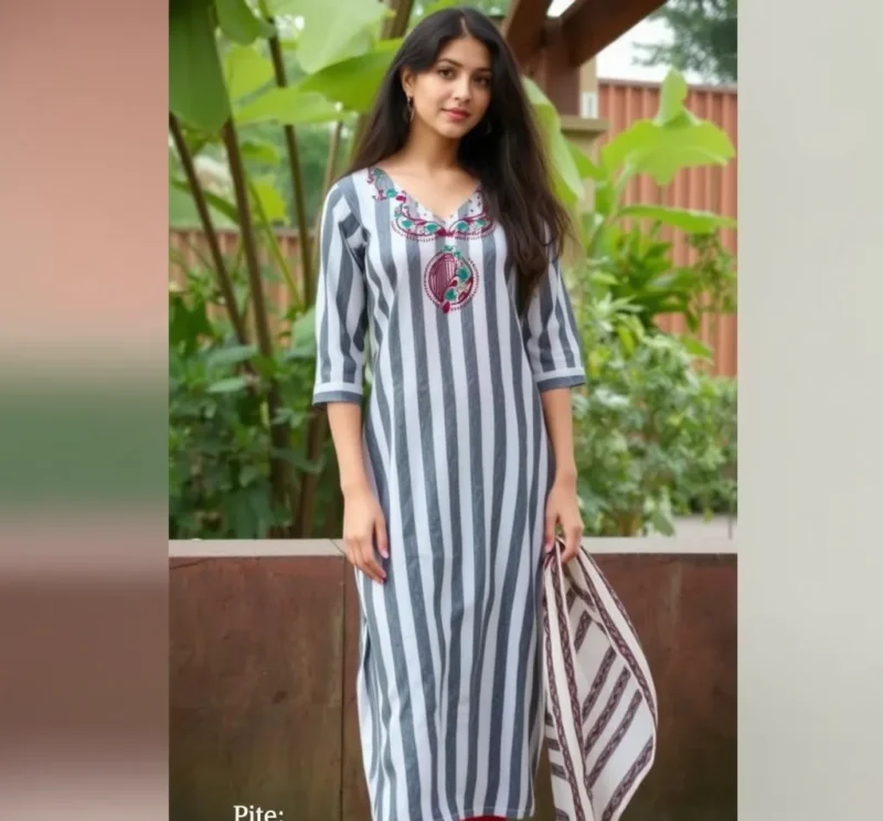 Grey Cotton Linen Kurti with Neckline Embroidery