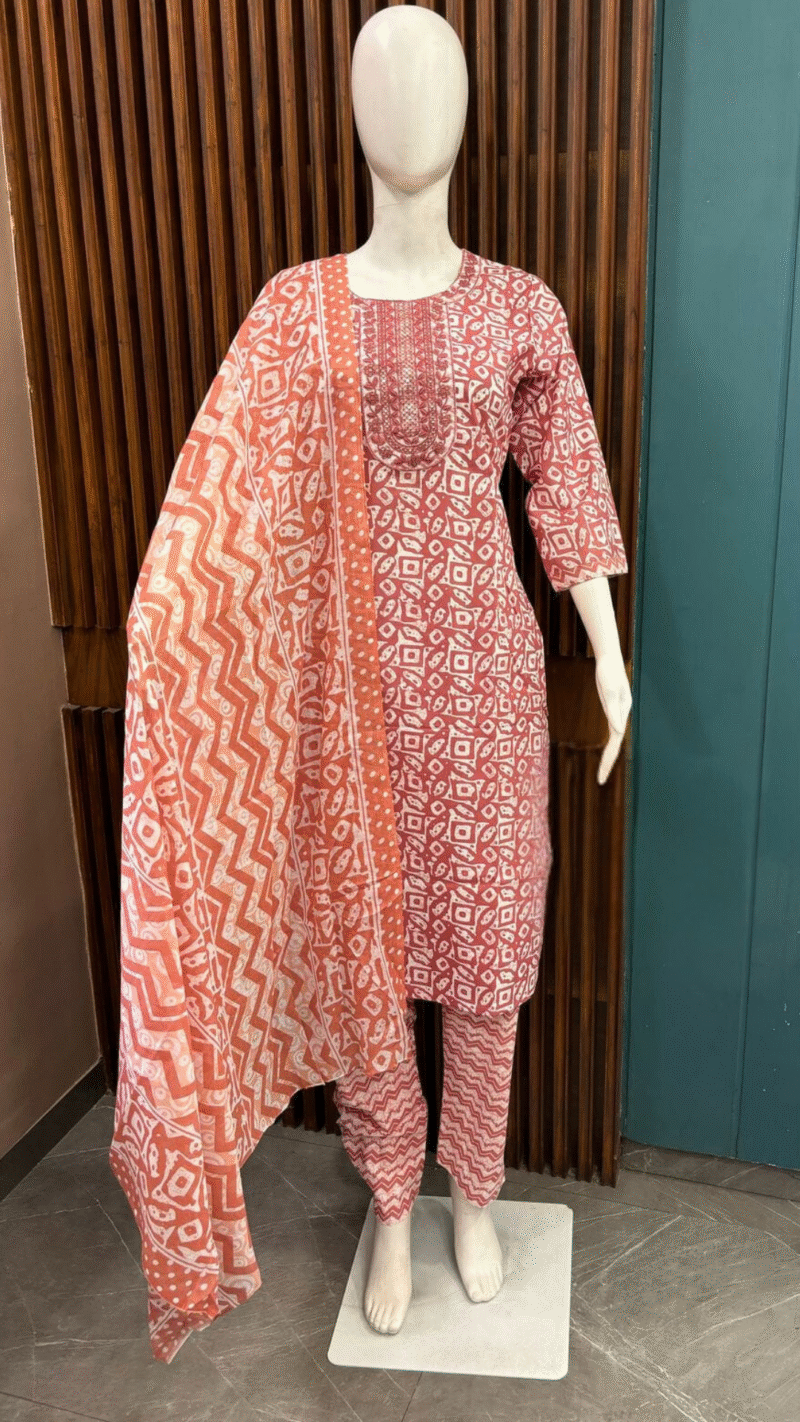 Rust & White Cotton Printed Suit Set | Everyday Elegance