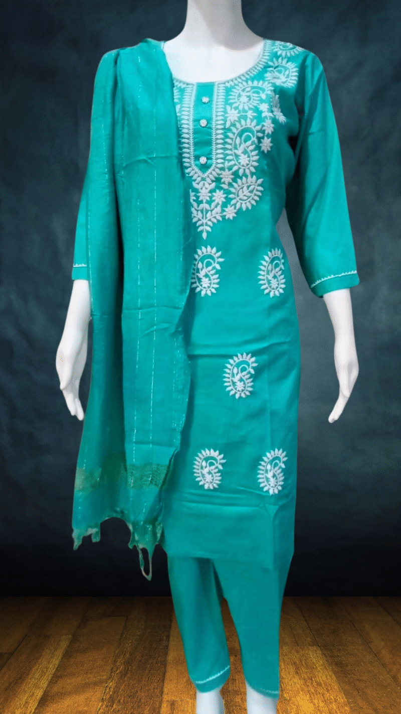 Teal Elegance Embroidered Rayon Suit Set