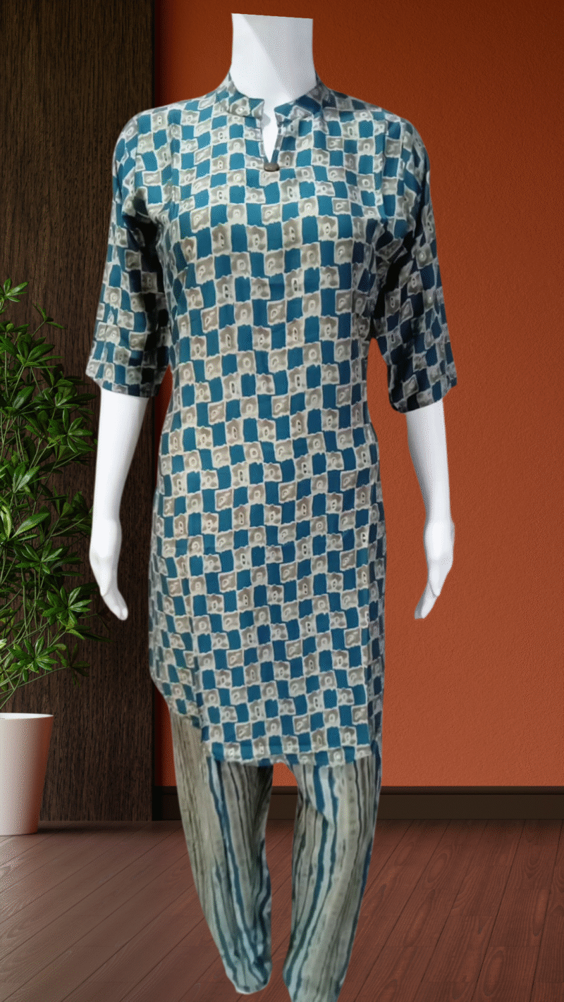 Abstract Blue Coord Set – Viscose Maslin | Chinese Collar