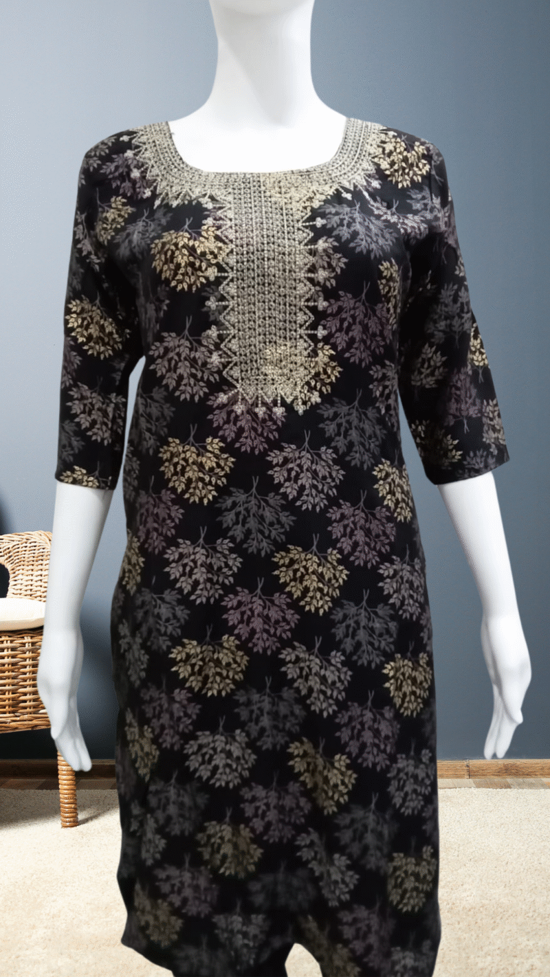 Elegant Black Muslin Kurti with Zari Embroidery