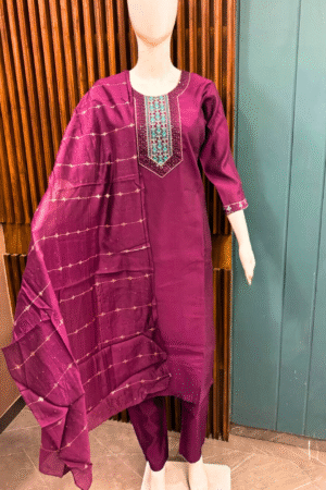 Plum Chanderi Silk Suit Set | Elegant Embroidered Neckline