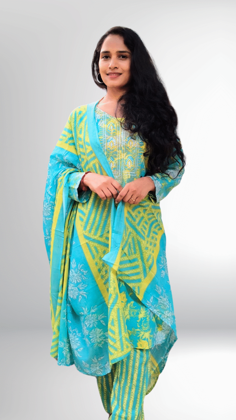 Elegant Aqua Blue & Lime Green Floral Printed Kurti Set with Dupatta