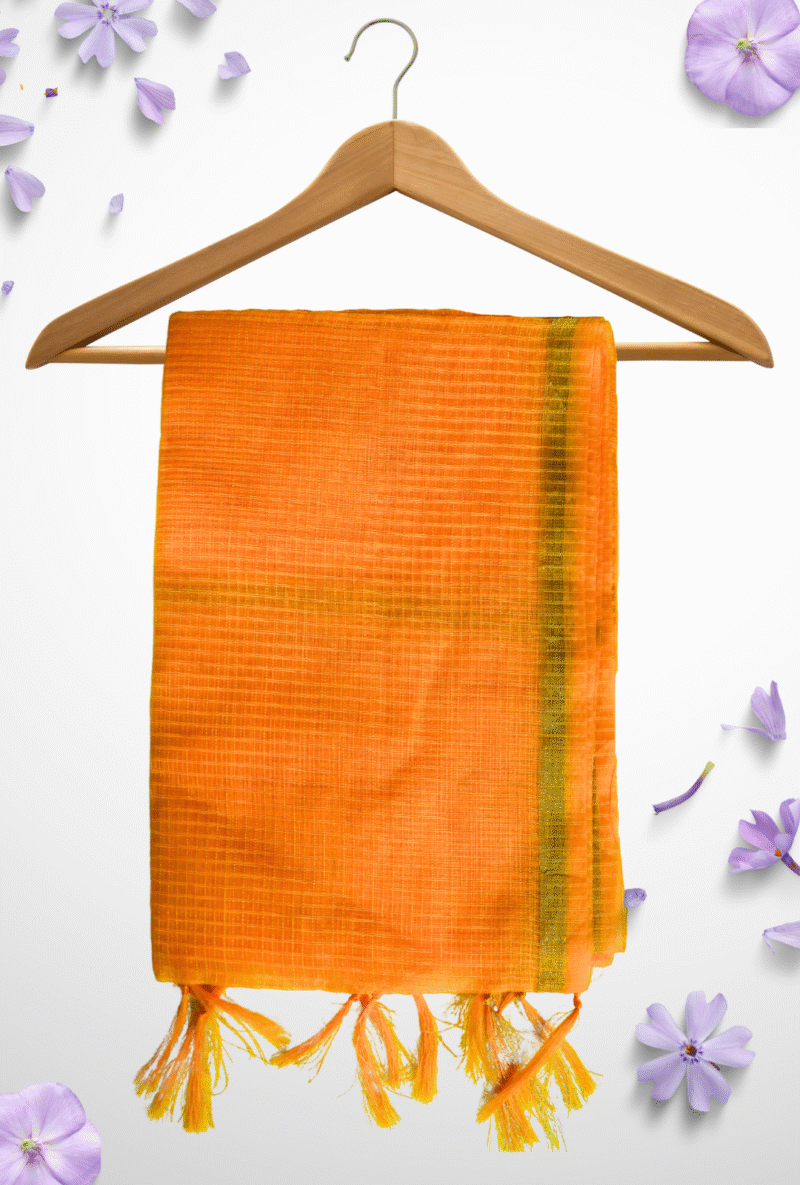 Radiant Orange Net Dupatta with Olive Border