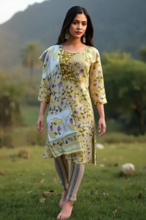 Yellow Cotton Suit Set with Neck Embroidery and Printed Dupatta (Size: M, L, XL, XXL) (w)