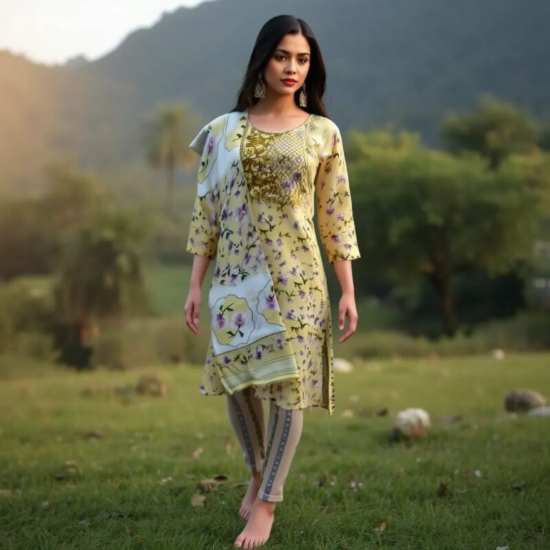 Yellow Cotton Suit Set with Neck Embroidery and Printed Dupatta (Size: M, L, XL, XXL) (w)