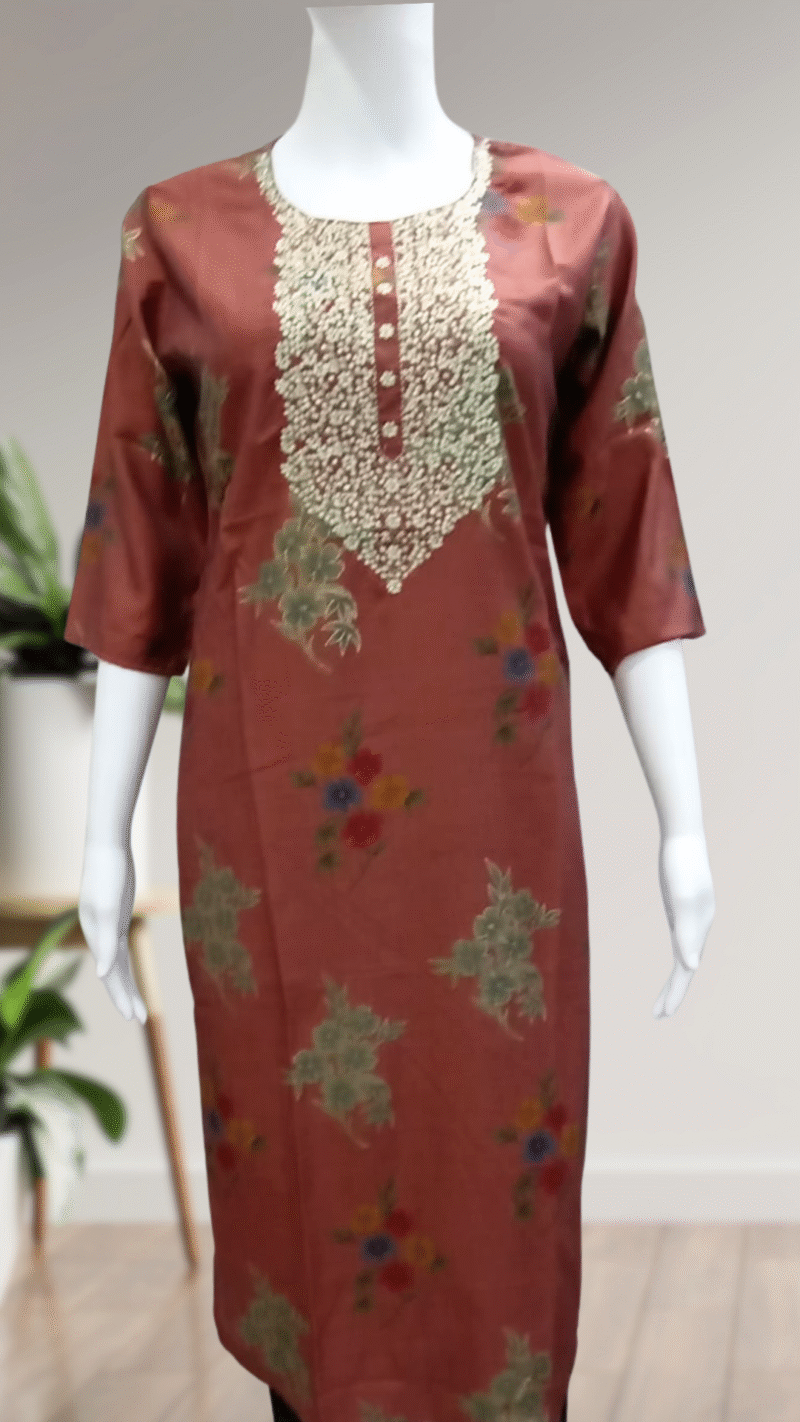 ✨ Rust Floral Kurti with Handwork Neck