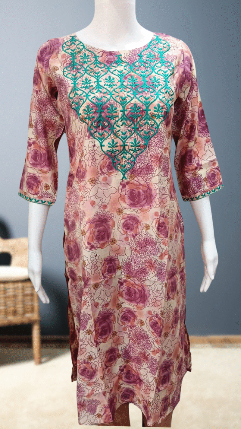 Blush Floral Muslin Kurti | Teal Embroidery Neck
