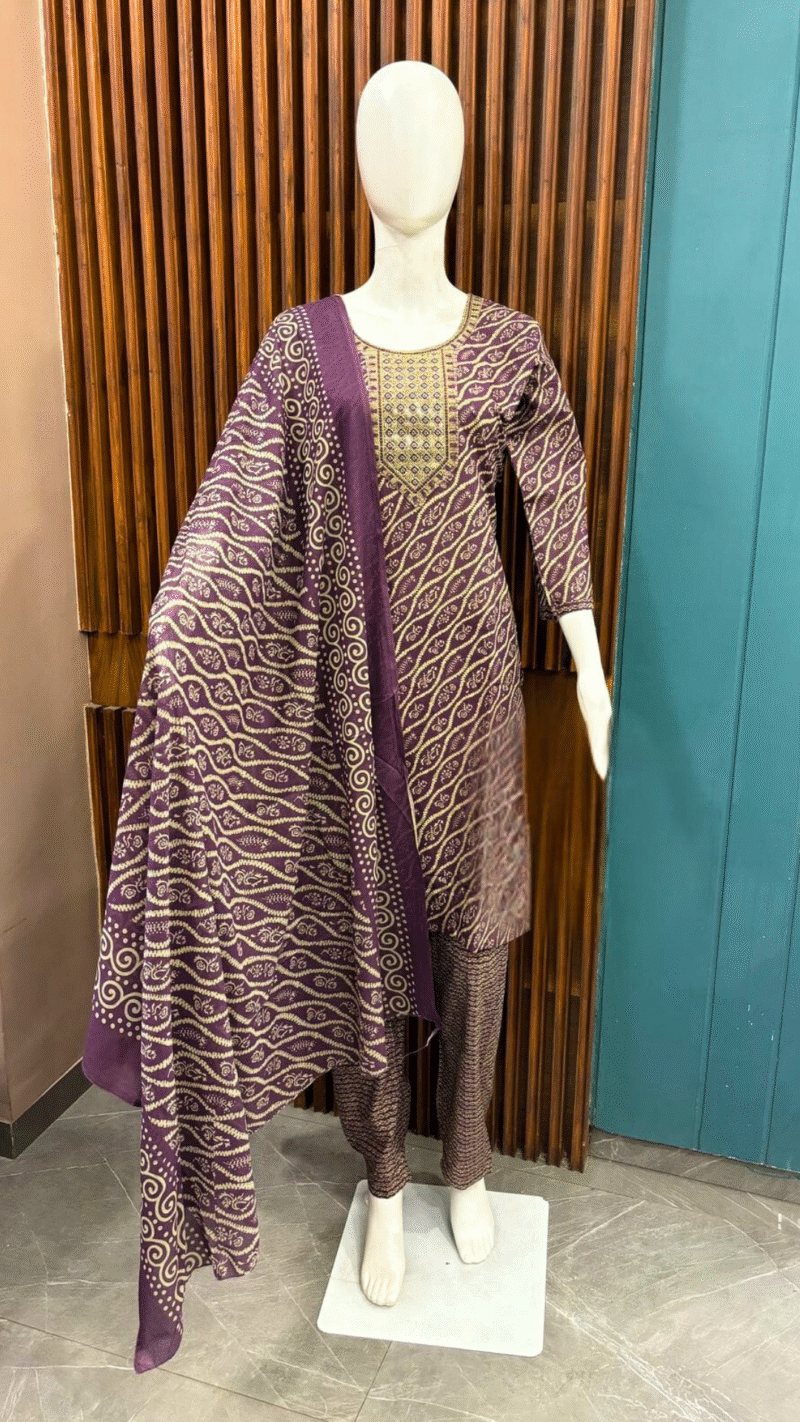 Purple & Beige Ethnic Print Cotton Suit Set