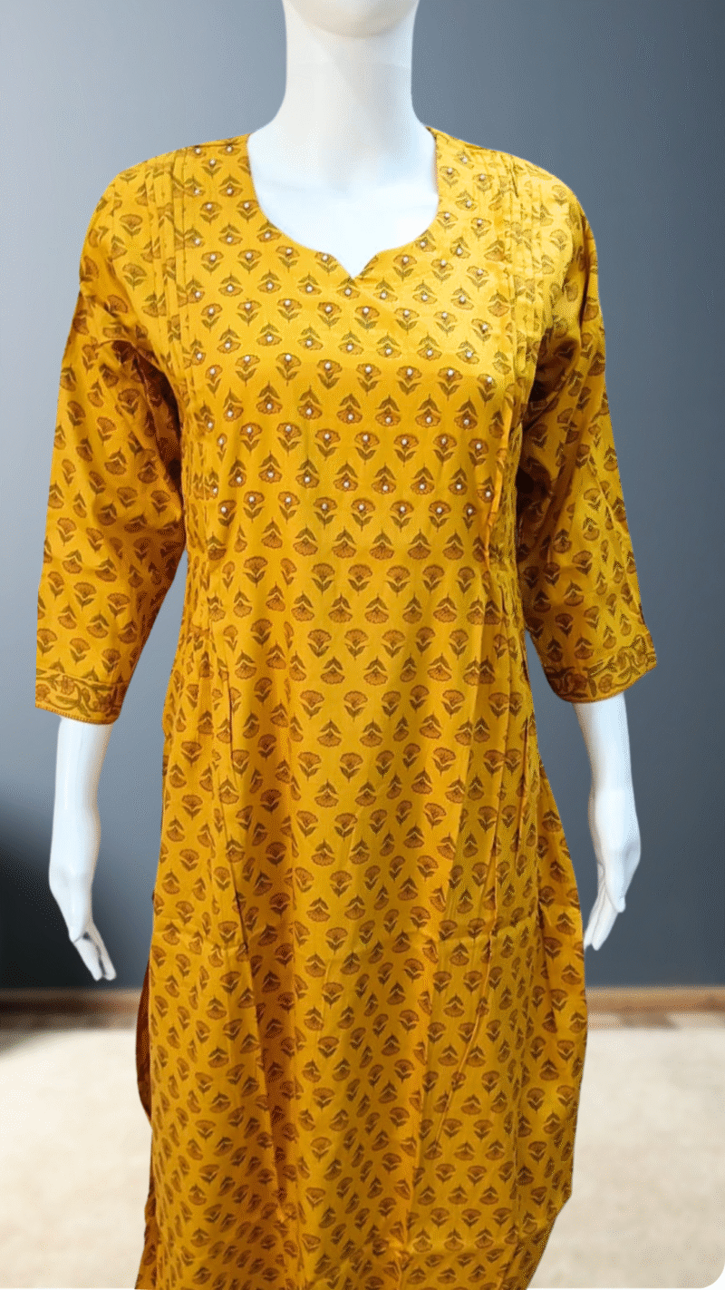 Mustard Yellow Floral Print Cotton Kurti