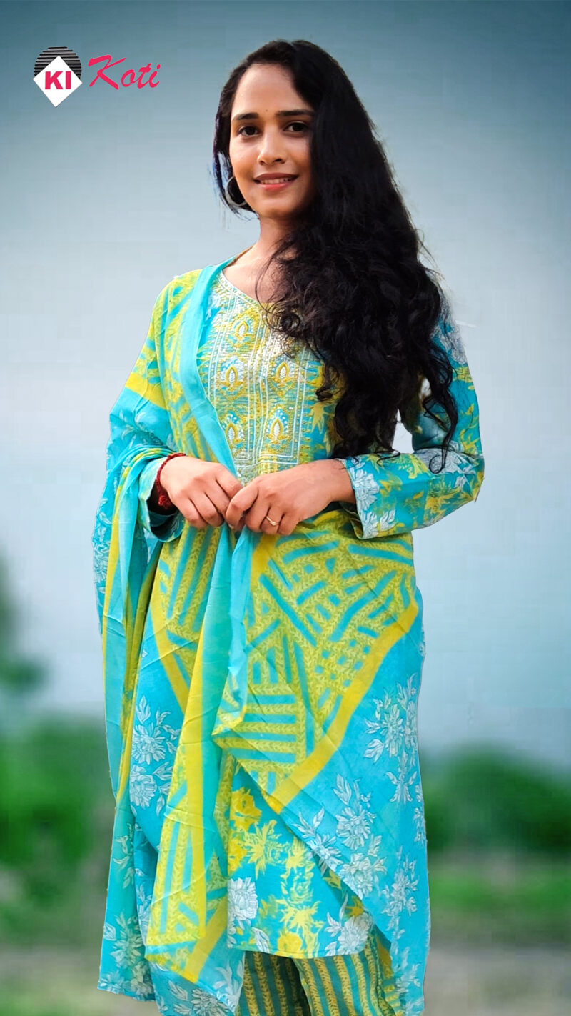 Elegant Aqua Blue & Lime Green Floral Printed Kurti Set with Dupatta - Image 2