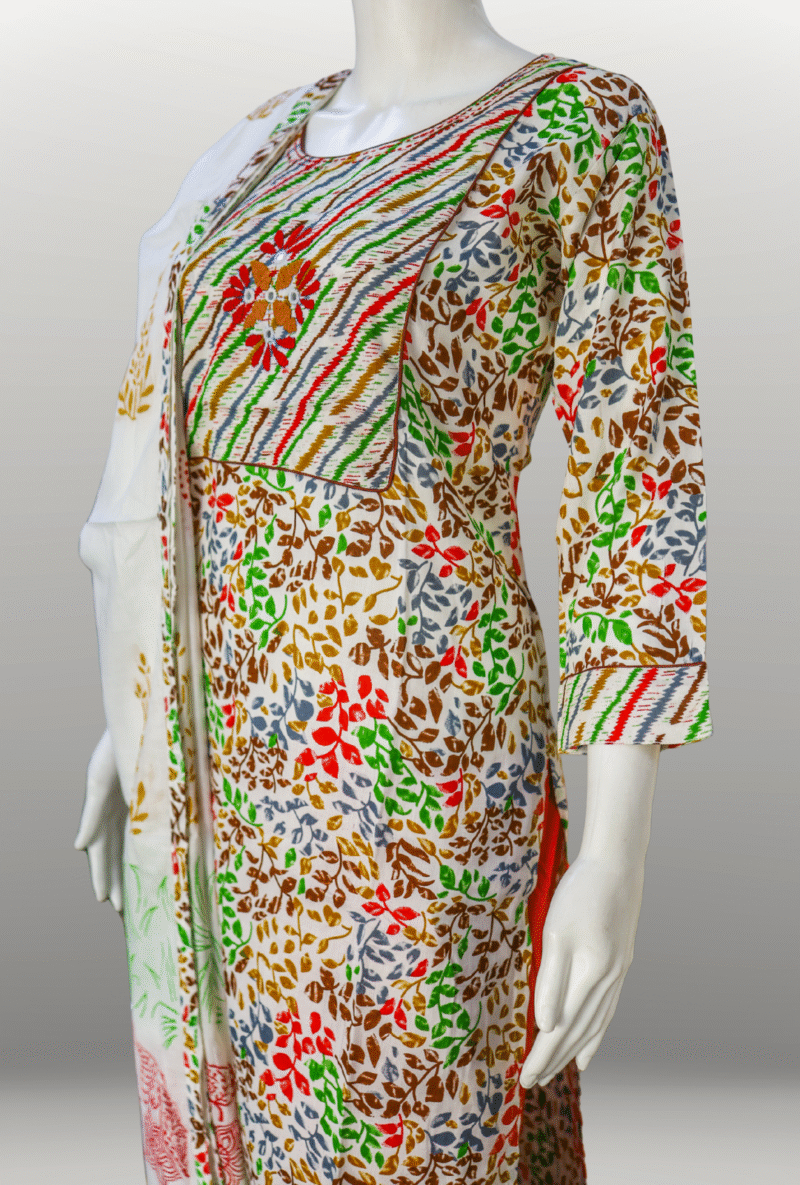 Multicolor Leaf Print Cotton Kurta Set - Image 2