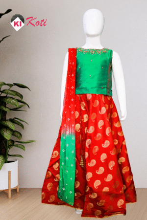 ✨ Girls' Traditional Brocade Lehenga Set: Festive Emerald