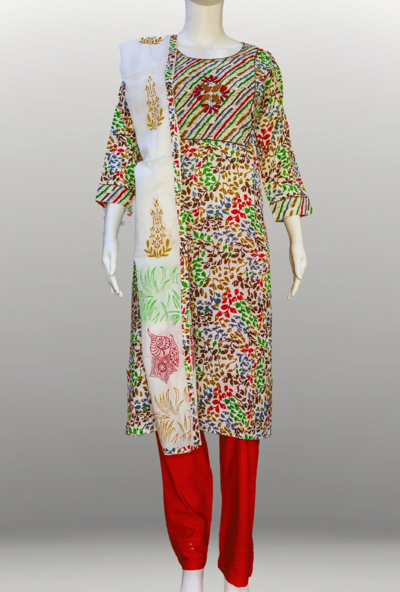 Multicolor Leaf Print Cotton Kurta Set