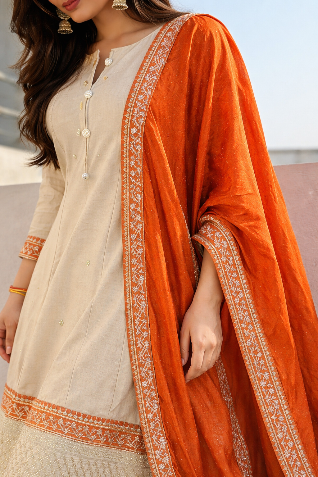Elegant Off-White Anarkali Suit with Embroidered Orange Dupatta - Image 3