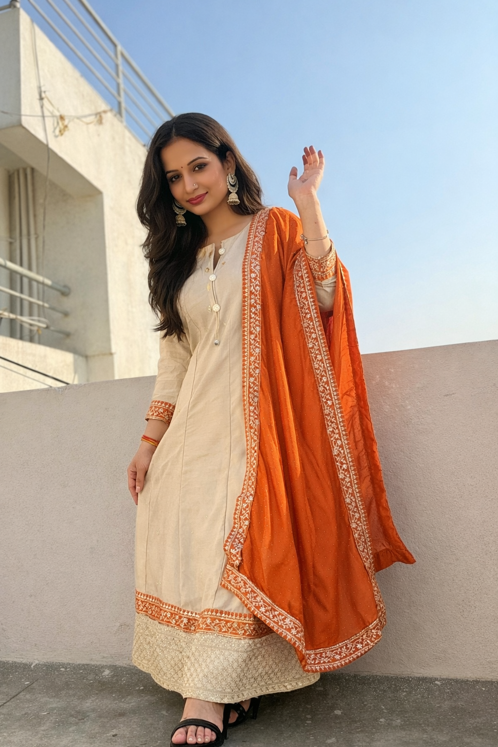 Elegant Off-White Anarkali Suit with Embroidered Orange Dupatta